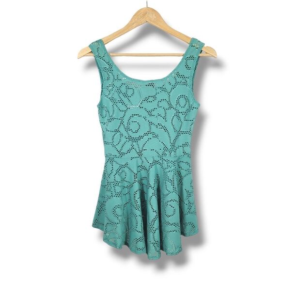Vintage 90's Y2K Rue 21 High Low Open Knit Peplum Sleeveless Top in Turquoise - Picture 2 of 8